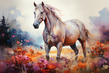 Wall Mural - A whimsical watercolor magical unicorn floral nestled in a hidden grove, where the unicorn stands among a tapestry of enchanting flowers, their petals shimmering with a hint of magic, Generative Ai
