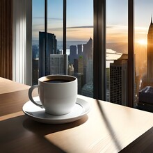 Cup Of Coffee In Modern Home Loft Or Working Office In Skyscraper With City Line View At Morning, Generative AI