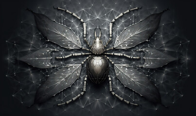 Wall Mural -  a silver bug with large wings on a black background with lines.  generative ai