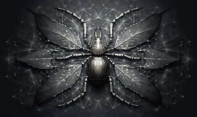 Canvas Print -  a silver bug with large wings on a black background with lines.  generative ai