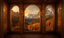  A Painting Of A Mountain Scene Is Shown Through Three Windows.  Generative Ai