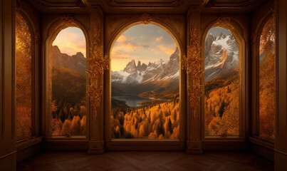 Wall Mural -  a painting of a mountain scene is shown through three windows.  generative ai