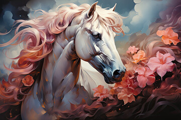 Wall Mural - A mystical watercolor magical unicorn floral amidst an enchanted forest, where the unicorn's presence ignites the growth of extraordinary flowers, their petals adorned, Generative Ai