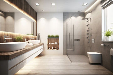  Luxury modern bathroom interior design with glass walk-in shower - Created with generative AI tools