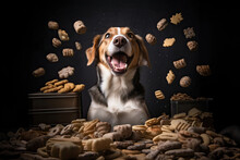 Happy Dog Sitting At A Table Surrounded By Mountains Of Scattered Healthy Dog Food And Snacks. Concept Of Dog Food Advertising. Generative AI. High Quality Illustration.
