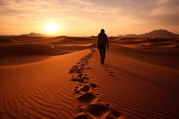 Wall Mural - Explorer carrying a backpack walking through the desert from behind