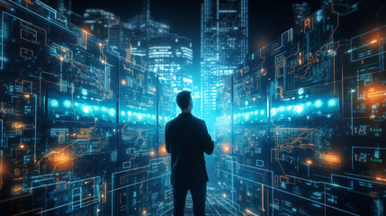 A software engineer stands immersed in a cutting-edge virtual internet network connection within a data center. With a futuristic backdrop, engineer's focused touch reveals the seamless integration