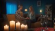 © kinomaster - Glasses of champagne and a blurred loving couple in the background. Enamored man and women hold hands while sitting on the sofa in the living room. Romantic candlelit evening with champagne, date.