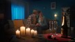© kinomaster - Glasses of champagne and a blurred loving couple in the background. A man and a woman in love are kissing while sitting on a sofa in the living room. Romantic candlelit evening with champagne, date.