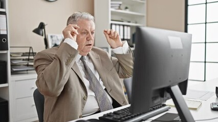 Sticker - Middle age grey-haired man business worker tired using computer taking out glasses at office