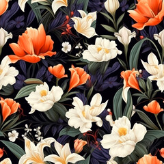 Poster - Seamless floral pattern with crocus and tulip flowers. generative ai