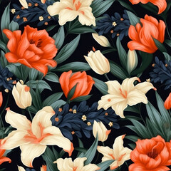Poster - Seamless floral pattern with orange and yellow flowers on black background. generative ai