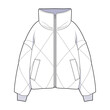 © Mariia - Winter puffer coat front view fashion flat sketch for Tech Pack. Warm Jacket, CAD drawing, black and white, vector graphics for garment production apparel brand, for women