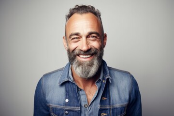 Canvas Print - Portrait of a happy mature man smiling and looking at camera while standing against grey background