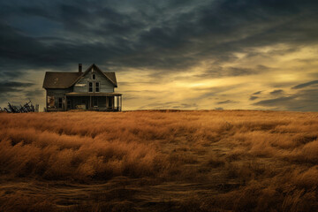 Abandoned house in field at twilight. Creepy old house. Uninhabitable mansion. Created with Generative AI