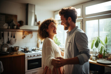 Happy couple smiling and dancing in kitchen while prepare dinner. Loving man and woman have fun at home. Positive emotions and happiness in family life. Created with Generative AI