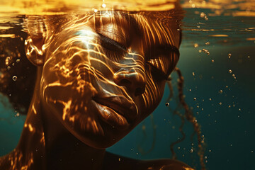 Beautiful woman face under water. Black female model with bright makeup. Sensual emotions. Beauty and fashion concept. Created with Generative AI