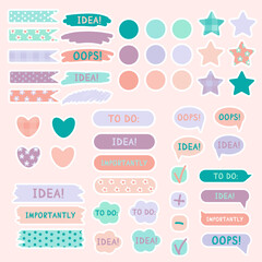 Wall Mural - Cute paper notes in pastel colors. Stickers. Simple page. Stationary set. Notes and postcards for notes. Printable planner stickers. A note on the to-do list. Decorative element of planning. Vector