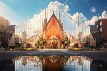 3D render of a modern church in downtown City