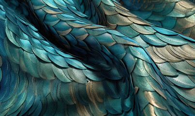  a close up of a blue and gold bird's feathers.  generative ai