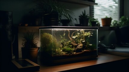 A small aquarium full of aquascape aquatic plant in the table with low light, room filled with flower in a pot. Generative AI technology.