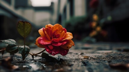 Wall Mural - Red orange japanese camellia laying in the ground.  Generative AI technology.