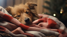 Süßer Zwergspitz (Hunderasse) Schlafend Auf Einer Decke Mit Weihnachtsbaum Im Hintergrund.