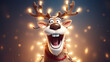 Lustiges, lachendes Weihnachts-Rentier im Cartoon-Stil, dass sich in einer Lichterkette verfangen hat.