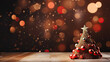 Weihnachtlicher Hintergrund mit selbst gebasteltem Weihnachtsbaum auf Holzuntergrund, Schneeflocken und Textfreiraum..