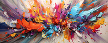Collision Of Bold Brushstrokes And Vibrant Splatters, Merging And Converging To Form An Explosion Of Color Panorama