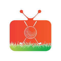 golf ball and sticks inside a shape of tv vector illustration