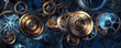 futuristic abstract background with interlocking gears and cogs, symbolizing innovation and the intricacies of technology panorama