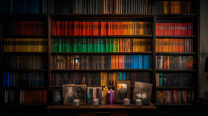 Wall Mural - multi-colored books on a shelf on the whole wall, generative AI