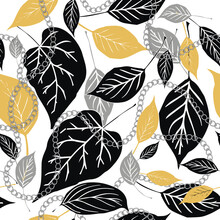 Falling Leaves And Chains Seamless Pattern. Autumn Leaves Vector Background. Branches And Leaves Colorful Ornament. Repeat Leafy Backdrop With Plants. Modern Isolated Design On White. Endless Texture