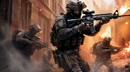 Wall Mural - Coordinated Response: Special Forces in Dynamic Urban Operation against Terrorism Ai Generative