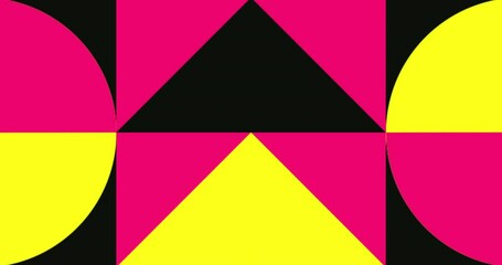 Modern loop Animated Geometric pattern or background. 4K resolution geometric motion design in pink, yellow and black colors. Abstract moving shapes background with circles and triangular