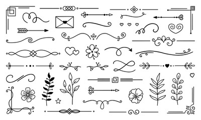 decorative elements doodle set. boho arrows, ribbons, text dividers. divider ornament, corner border
