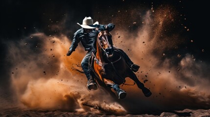 Canvas Print - A man in a cowboy hat riding a horse. Generative AI image.