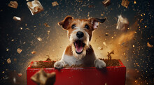 Fox Terrier Dog Inside A Christmas Boxes Generativa IA