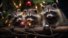 Three Raccoons Sitting On A Log With A Christmas Tree In The Background. Generative AI Image.
