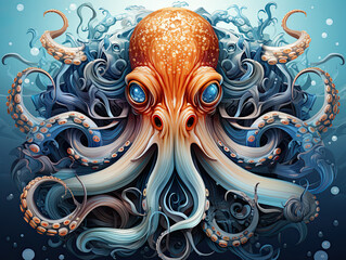 Wall Mural - An octopus with blue eyes in the ocean. Generative AI.