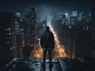 Wall Mural - A man standing on a ledge looking at a city at night. Generative AI image.