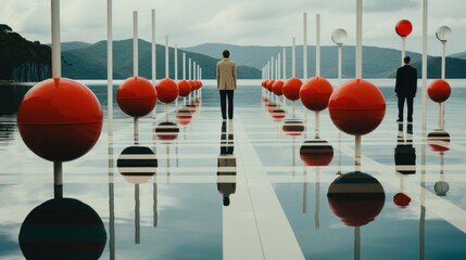 Wall Mural - A man standing in front of a number of red and white buoys. Generative AI image.