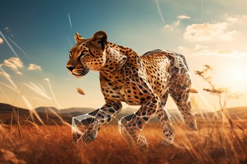 Poster - A cheetah walking across a dry grass field. Generative AI image.