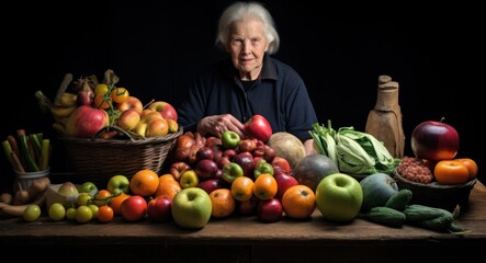 Poster - A woman sitting in front of a table full of fruits and vegetables. Generative AI image.