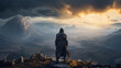 A hooded warrior man stands atop a rugged mountain peak