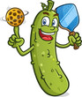 Tall lanky Pickle cartoon spinning a yellow plastic pickleball on his finger basketball style with a big cheesy grin on his face vector clip art