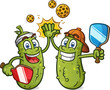 Pickle best friend team mates celebrating an epic victory on the pickleball court after an exciting match against the losing opponent with sparks and balls flying vector cartoon clipart