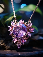 Poster - Purple gemstone necklace pendant design, luxurious, high - end, exquisite, with a purple dreamy background