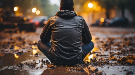 Wall Mural - A man sitting on the ground in the rain. Generative AI image.